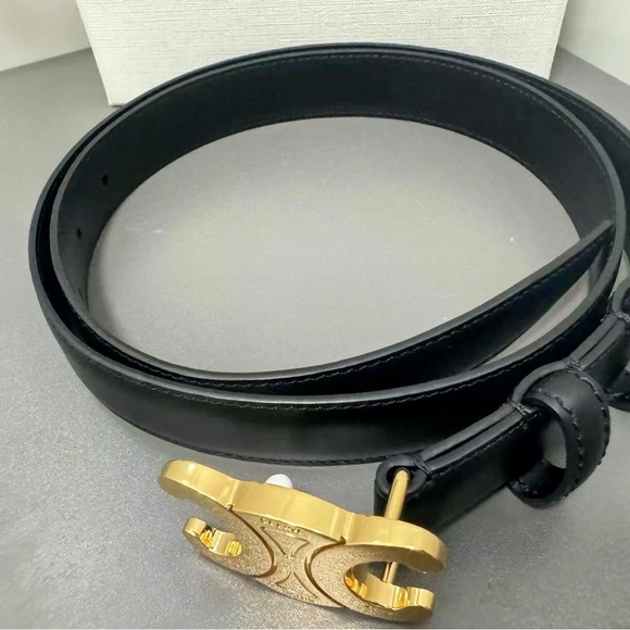 Authentic Celine Ladies Triomphe Black Gold 85 Belt - Picture 4 of 5